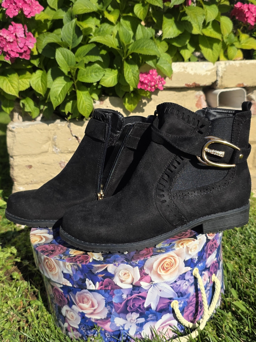Dodo Bar Or Black Suede Ankle Booties with Gold Buckle